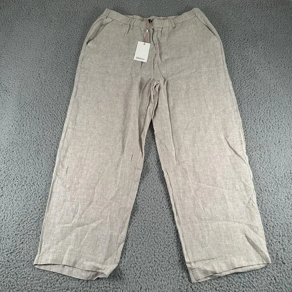 Quince Linen Pants Womens L Beige Relaxed Straight Leg Pull On Pockets Casual